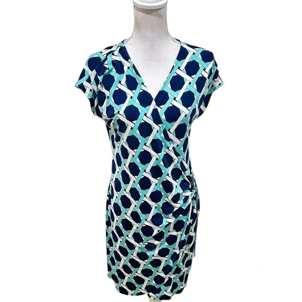 Yetts los Angeles Geometric Print Jersey Wrap Dress gunmetal chain detail 10